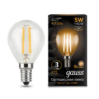 Лампа Gauss Filament Шар 5W 420lm 2700К Е14 LED 1/10/50, 105801105