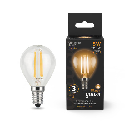 Лампа Gauss Filament Шар 5W 420lm 2700К Е14 LED 1/10/50, 105801105