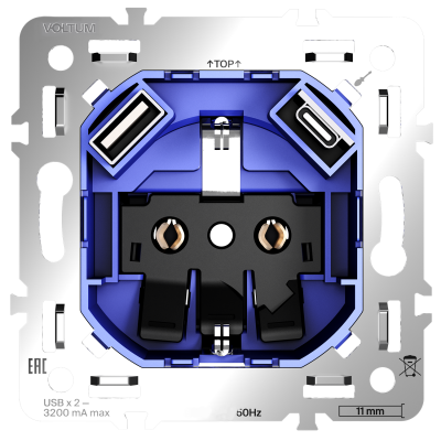 Механизм розетки с заземлением и защитными шторками 16А, с USB A+C, S70, VLS0405M