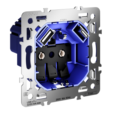 Механизм розетки с заземлением и защитными шторками 16А, с USB A+C, S70, VLS0405M