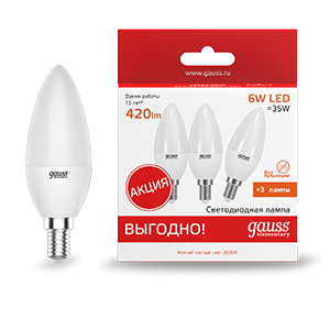 Gauss Лампа Elementary Свеча 6W 420lm 3000K E14 (3 лампы в упаковке) LED 1/40, 33116T