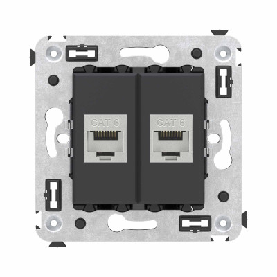 DKC Компьютерная розетка RJ-45 без шторки в стену, кат.6 двойная экранированная, "Avanti", "Черный матовый"