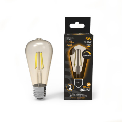 Лампа Gauss Filament ST64 6W 620lm 2400К Е27 golden диммируемая LED 1/10/40, 102802006-D
