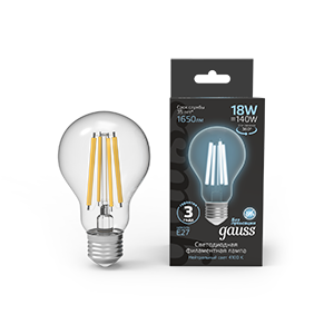 Gauss Лампа Filament А60 18W 1650lm 4100К Е27 LED 1/10/40, 102902218