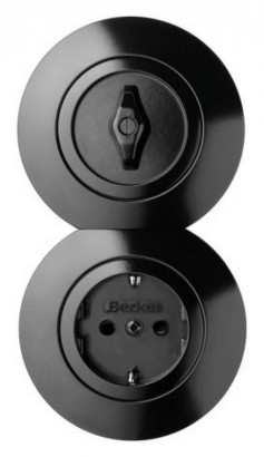 Berker Выключатель 1-клавишный с розеткой 2к+з, глянцевый черный, серия 1930