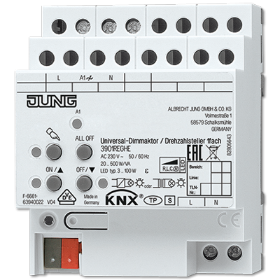 Универсальный LED диммер / регулятор оборотов, 1 группа, монтаж на DIN-рейку, 4 модуля; KNX, 3901REGHE