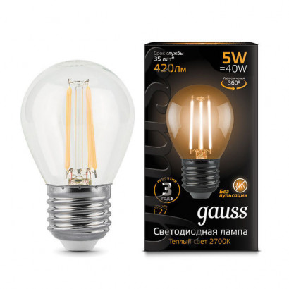 Лампа Gauss Filament Шар 5W 420lm 2700К Е27 LED 1/10/50, 105802105