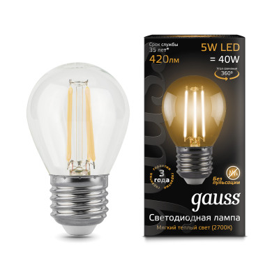 Лампа Gauss Filament Шар 5W 420lm 2700К Е27 LED 1/10/50, 105802105
