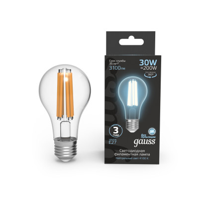 Лампа Gauss Filament А70 30W 3100lm 4100К Е27 LED 1/10/40, 102902230