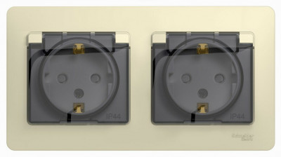 РОЗЕТКА двойная с заземлением, со шторками, в сборе, IP44, БЕЖЕВЫЙ