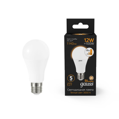 Лампа Gauss A60 12W 1140lm 3000K Е27 шаг. диммирование LED 1/10/50, 102502112-S