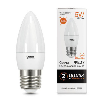 Лампа Gauss Elementary Свеча 6W 420lm 3000K Е27 LED 1/10/100, 33216
