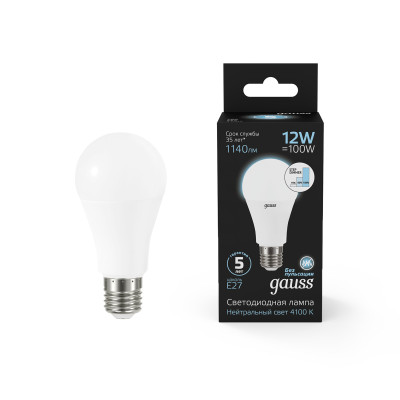 Лампа Gauss A60 12W 1140lm 4100K Е27 шаг. диммирование LED 1/10/50, 102502212-S