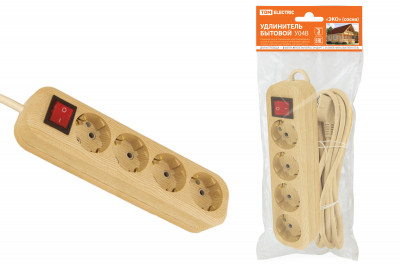 Удлинитель бытовой  У04В выключатель, 4 гнезда, 3метра,2П+3, ПВС 3х1мм2 "Эко" (сосна) 16А/250В TDM Electric, SQ1303-2111