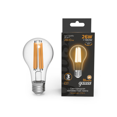Лампа Gauss Filament А70 26W 2600lm 2700К Е27 LED 1/10/40, 102902126