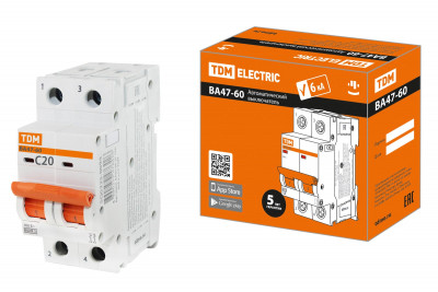 Авт. выкл. ВА47-60 2Р 20А 6кА х-ка С TDM Electric, SQ0223-0094