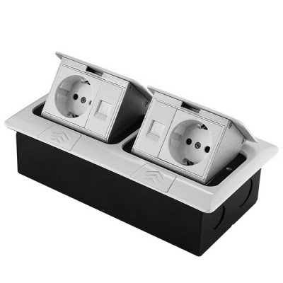 Выдвижная напольная розетка (люк/лючок) на 2х1,5 модуля, h=55мм, в комплекте с монт. коробкой, TIMIUX, нержавеющая сталь, EU2x1.5H55PUFS ST