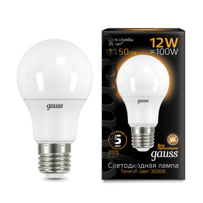Лампа Gauss A60 12W 1150lm 3000K E27 LED 1/10/50, 102502112