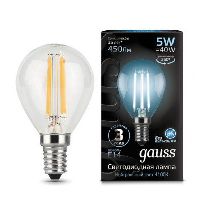 Лампа Gauss Filament Шар 5W 450lm 4100К Е14 LED 1/10/50, 105801205