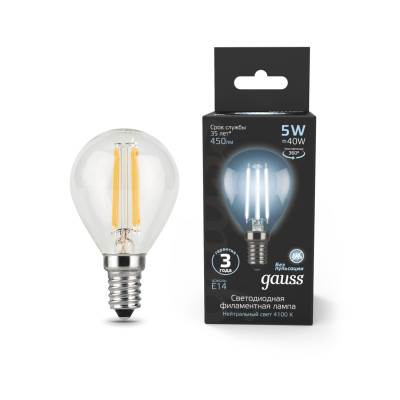 Лампа Gauss Filament Шар 5W 450lm 4100К Е14 LED 1/10/50, 105801205