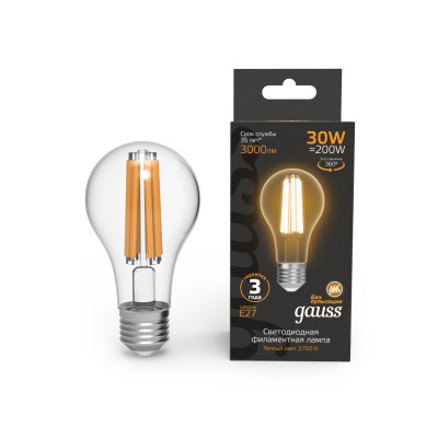 Лампа Gauss Filament А70 30W 3000lm 2700К Е27 LED 1/10/40, 102902130