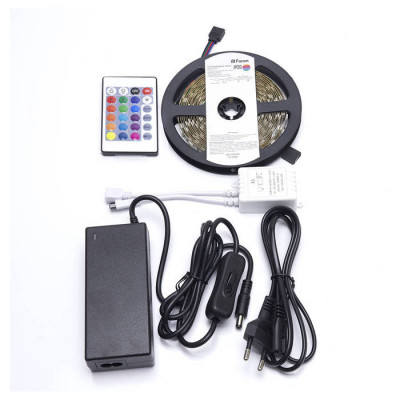 Лента светодиодная, 60SMD(5050)/m 14.4W/m 12V 5m RGB c драйвером, LS606 с адаптером с вилкой, контроллером с пультом в комплекте, Feron 27706