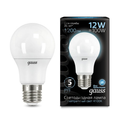 Лампа Gauss A60 12W 1200lm 4100K E27 LED 1/10/50, 102502212