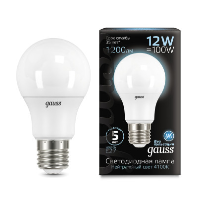 Лампа Gauss A60 12W 1200lm 4100K E27 LED 1/10/50, 102502212