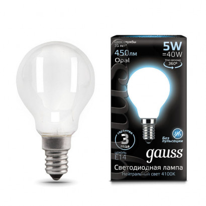 Лампа Gauss Filament Шар 5W 450lm 4100К Е14 milky LED 1/10/50, 105201205