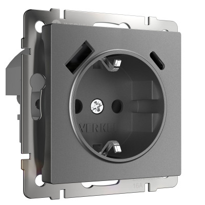 Werkel W1171764/ Розетка с заземлением, шторками и USB тип A+C  (графит матовый), a063106