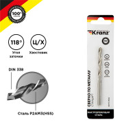 Сверло по металлу 6,0х93х57мм (HSS), DIN 338, 1 шт. в упаковке KRANZ, KR-91-0566