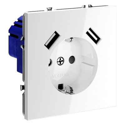 Розетка встраиваемая VOLTUM S70 с заземлением и защитными шторками, 16А, с USB, A+A, (белый глянцевы, VLS040401