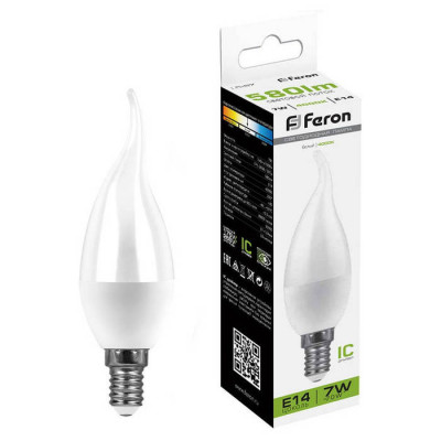 Лампа светодиодная, (7W) 230V E14 4000K на ветру C37T, LB-97, Feron 25761