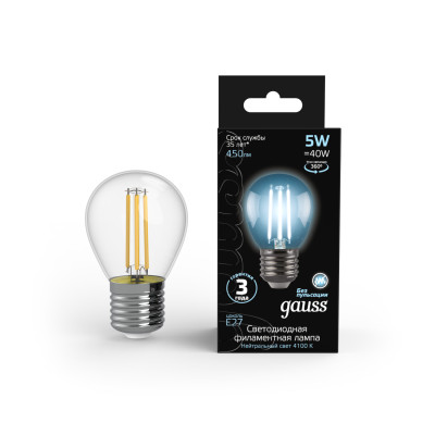 Лампа Gauss Filament Шар 5W 450lm 4100К Е27 LED 1/10/50, 105802205
