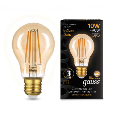 Лампа Gauss Filament А60 10W 820lm 2400К Е27 golden LED 1/10/40, 102802010