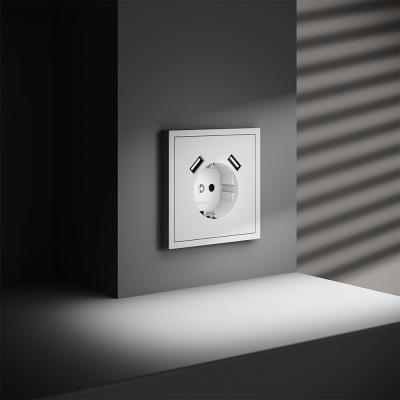 Розетка встраиваемая VOLTUM S70 с заземлением и защитными шторками, 16А, с USB, A+A, (белый матовый), VLS040402