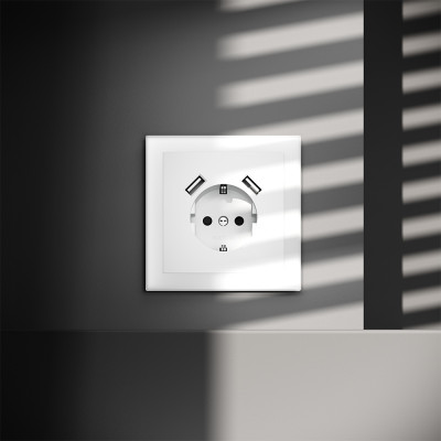 Розетка встраиваемая VOLTUM S70 с заземлением и защитными шторками, 16А, с USB, A+A, (белый матовый), VLS040402