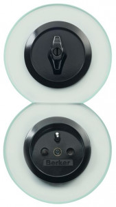 Berker Выключатель 1-клавишный с розеткой 2к+з, глянцевый черный, серия Glas