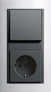 Gira Блок: Выключатель 1-клавишный с розеткой 2к+з, матовый антрацит - белый глянцевый, серия Event Opaque