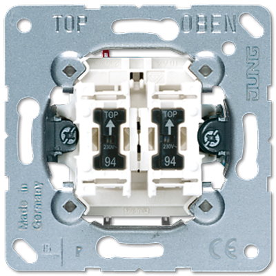 Балансирный выключатель 10 A/ 250 B, двухклавишный, пружинные зажимы, в комплекте 2 лампы (установлены); не подходит к клавишам серии EP; универсальные встраиваемые механизмы, 505U5