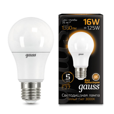 Лампа Gauss A60 16W 1440lm 3000K E27 LED 1/10/50, 102502116