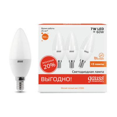 Лампа Gauss Elementary Свеча 7W 450lm 3000K E14 (3 лампы в упаковке) LED 1/40, 33117T