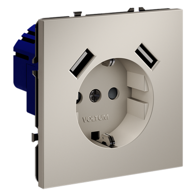 Розетка встраиваемая VOLTUM S70 с заземлением и защитными шторками, 16А, с USB, A+A, (кашемир), VLS040403