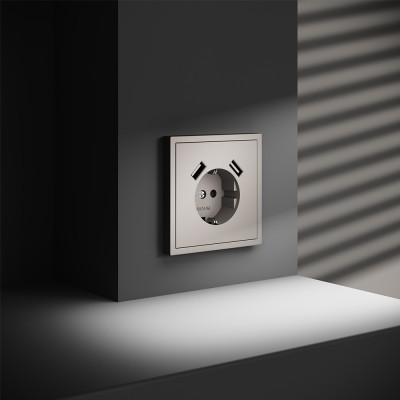 Розетка встраиваемая VOLTUM S70 с заземлением и защитными шторками, 16А, с USB, A+A, (кашемир), VLS040403