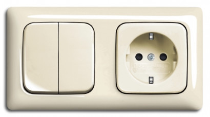 ABB Блок: Выключатель 2-клавишный с розеткой 2к+з, цвет - слоновая кость, серия Busch-Duro 2000 - Linear