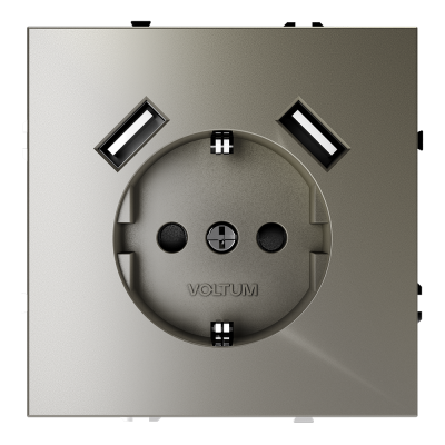 Розетка встраиваемая VOLTUM S70 с заземлением и защитными шторками, 16А, с USB, A+A, (шелк), VLS040404