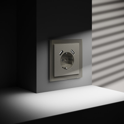 Розетка встраиваемая VOLTUM S70 с заземлением и защитными шторками, 16А, с USB, A+A, (шелк), VLS040404