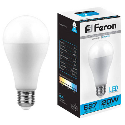 Лампа светодиодная, (20W) 230V E27 6400K A65, LB-98, Feron 25789