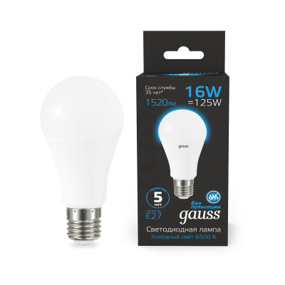Лампа Gauss A60 16W 1520lm 6500K E27 LED 1/10/50, 102502316