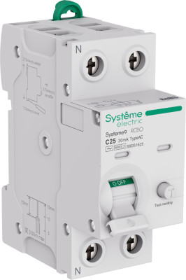 Systeme9 Авт. выкл. диф. тока (АВДТ) 1P+N C 25A 6kA 30мА Тип-AC 230В, Systeme Electric, S9D51625